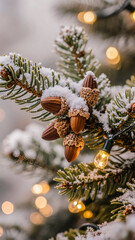 A cozy, magical close-up of acorns and festive lights on a snow-dusted pine branch. This serene image evokes the warm, peaceful feeling of the winter holiday season.