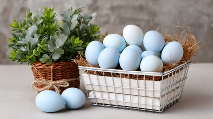 Pale blue Easter eggs in basket with nest and plant