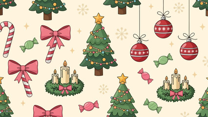 Festive Christmas Pattern: Trees, Ornaments, Candies, and Candles with Bows