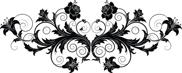 Elegant black and white floral scroll design for vintage style decoration or embellishment
