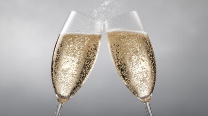 Two sparkling wine flutes clink together, frozen mid-motion. Tiny bubbles shimmer in both glasses, creating vibrant effervescence. The composition