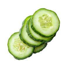 Fresh cucumber slices isolated on transparent background. Green cucumber with crisp texture, healthy vegetable food concept, hydration and clean eating ingredient for diet and nutrition design.