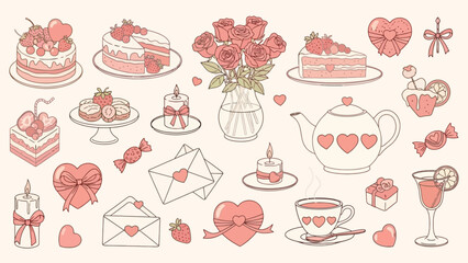 Valentine's Day Sweet Treats Collection with Cakes, Roses, Tea, and Gifts