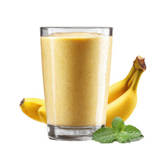 Fresh banana smoothie in glass isolated on transparent background. Creamy healthy drink with bananas and mint, nutrition beverage concept for breakfast, detox and clean eating lifestyle.