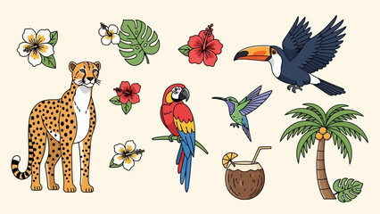 Fototapeta premium Tropical Vector Icons: Cheetah, Parrots, Toucan, Hummingbird, Palm Tree, and Flowers