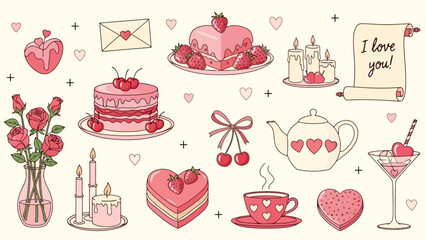 Romantic Valentine's Day Sweet Treats and Gifts Vector Illustration