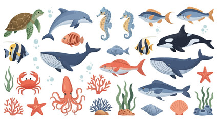 Diverse Marine Life and Underwater Scenery Vector Collection with Whales, Dolphins, and Coral