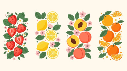 Vector Collection of Fresh Strawberries, Lemons, Peaches, and Oranges with Flowers