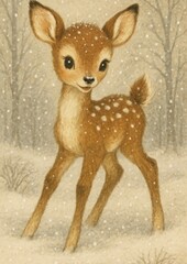 Fototapeta premium Adorable fawn in snowy forest.