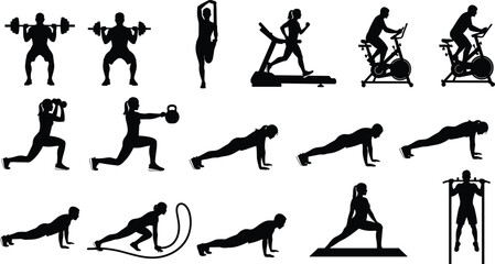 Collection of black silhouettes of people performing various fitness exercises and workouts