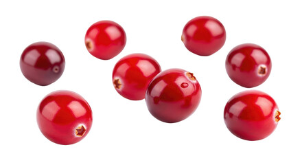Close Up of Vivid Red Cranberries with Transparent Background Showing Detailed Texture and Reflective Surfaces