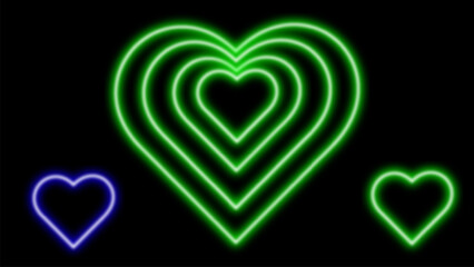 Neon heart shapes collection with various glowing effects - sparkling star dust, luminous outline, radiant burst and gleaming lines on transparent background. Romantic Valentine day decorations.