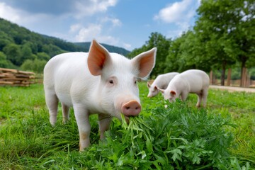 Pig eating grass on a green pasture