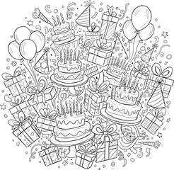 Birthday party doodle pattern with cakes, gifts, balloons, ice cream, and confetti
Festival & Celebration — hand-drawn doodle vector illustration set. Black ink cartoon line art on a white background
