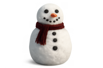 Snowman with red scarf smiling, standing, carrot nose, coal eyes and buttons, winter holiday season character, transparent background