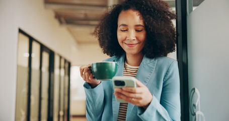 Phone, coffee and reading with business woman in office for communication, schedule and planning....