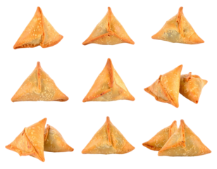 Close Up Shot Of Golden Fried Samosas On Transparent Background Showing Triangle Shape And Crunchy Texture
