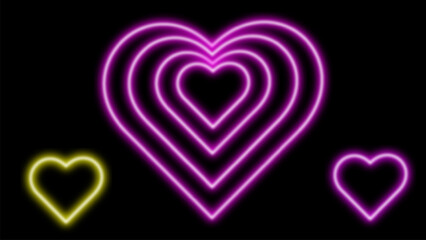 Neon heart shapes collection with various glowing effects - sparkling star dust, luminous outline, radiant burst and gleaming lines on transparent background. Romantic Valentine day decorations.
