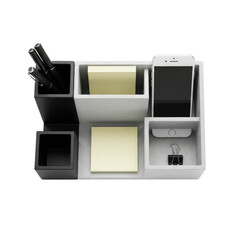 Obraz premium Modern Office Organizer with Pens Phone and Sticky Notes on a Transparent Background