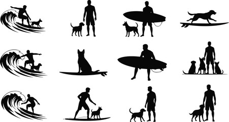 Set of Black Silhouettes Illustrating Surfing Activities and Beach Life, Featuring a Man, His Dogs, and Surfboards, Highlighting Summer Water Sports and Friendship