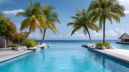 Fototapeta premium Infinity pool with palm trees overlooking ocean