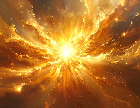 Intense burst of light emanating from swirling golden clouds