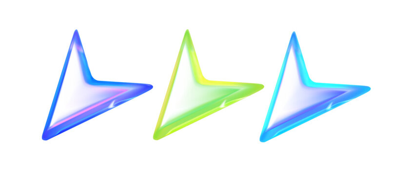 Holographic 3D arrow cursor icons set in blue, green and turquoise. Ideal for UI/UX design, navigation elements, maps, apps, buttons and digital interfaces.
