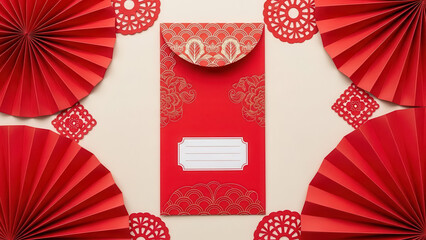 Red envelopes and paper fans create a festive chinese new year arrangement