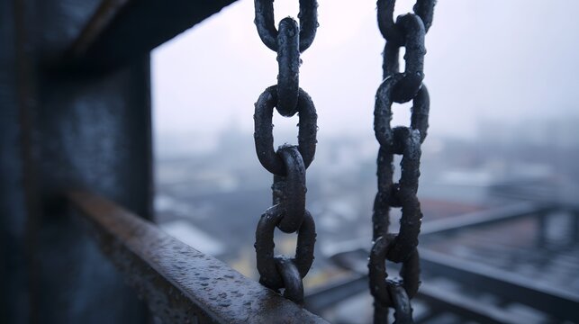 Heavy weathered metal chains hang against a blurred rainy urban background