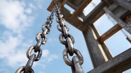 Naklejka premium Heavy industrial metal chains hang downwards against a bright blue sky filled with scattered clouds captured from a low angle perspective
