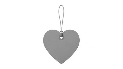 A simple gray heart shaped tag with a metal loop for attachment hangs isolated