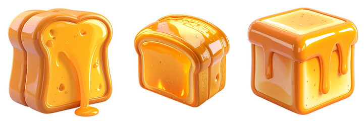 Three Pixelated Toasted Bread Slices With Dripping Glaze In Orange And Yellow Against Transparent Background