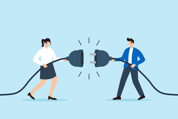 Fototapeta premium Flat illustration of man and woman pulling large electric plug to disconnect connection symbolizing broken communication and digital separation
