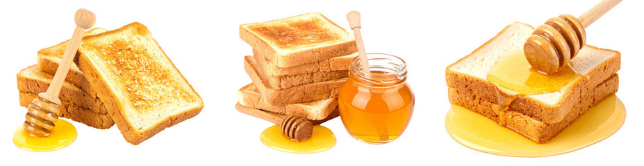 Golden Honey Drizzled Over Toast Slices with Honey Dipper against a Transparent Background
