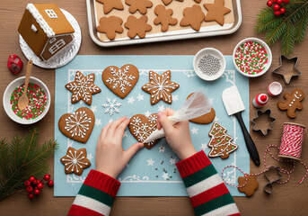 Overhead view of a child's hands decorating heart and snowflake-shaped gingerbread cookies with white icing and sprinkles on a festive blue mat during Christmas.