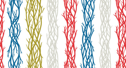 A seamless pattern with vertical stripes of tangled tree branches or coral in red blue yellow and gray on a white background.