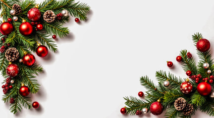 Christmas corner border with fir branches, red and silver baubles, pinecones, and berries. Festive holiday decoration isolated on white background with copy space.