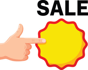 A hand with a pointing index finger indicates a blank yellow starburst sale sticker with a red border.
