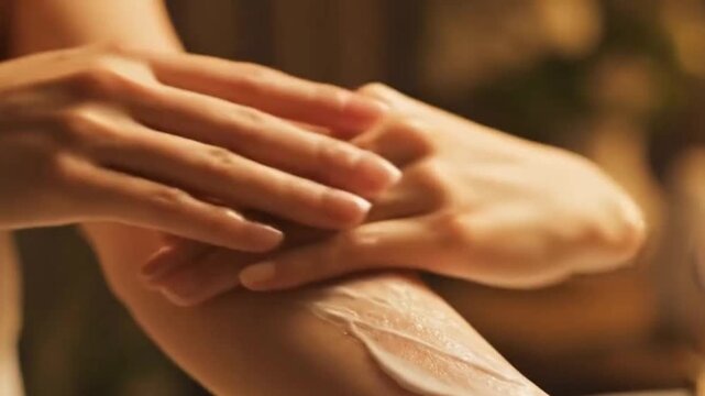 Tracking Shot of Hands Applying Cream to Skin with Warm Lighting and Natural HDR Texture