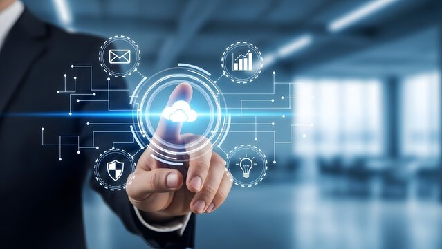 Business professional interacting with a futuristic digital interface and data visualization - Powered by Adobe