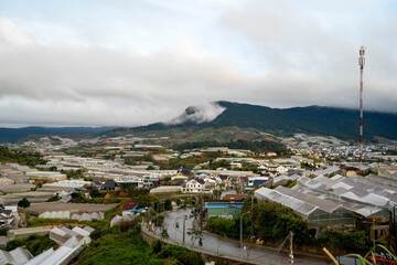 Scenic view of a mountainous landscape with greenhouses and lush vegetation.