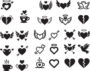 Collection of heart symbols with wings and coffee icons