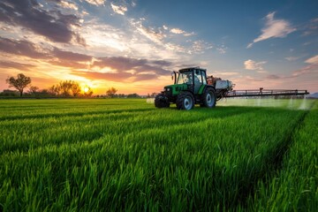 Fototapeta premium Tractor working in a vibrant green field at sunset showcasing rural farming life and harvest preparation
