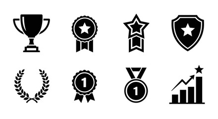 A collection of black vector icons representing awards, achievement, and success