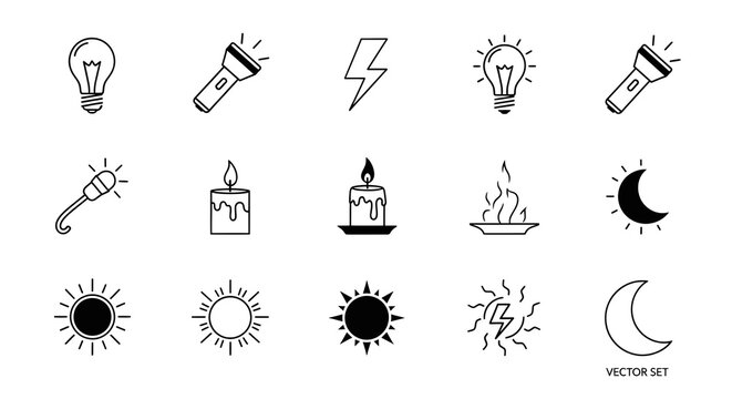 Photo of set of hand drawn light and energy icons lightbulb, flashlight, lightning, candle, sun, moon