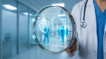 A futuristic doctor examines a glowing heart with advanced diagnostic technology