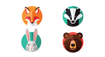 A set of four modern flat design animal portraits including a fox a badger a rabbit and a bear displayed inside colorful circles.