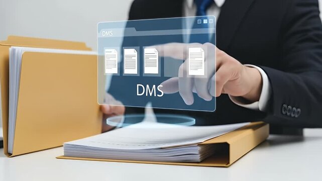 Business Professional Accessing Document Management System On White Desk With Envelopes and Glowing Interface