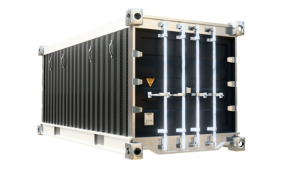 Modern black carbon fiber shipping cargo container with sturdy steel frame from front right view, 3D render for logistics and trade. Futuristic high-security freight box.