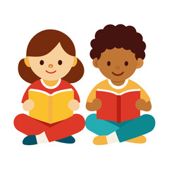 An illustration depicting two happy children, a girl and a boy, sitting and reading books